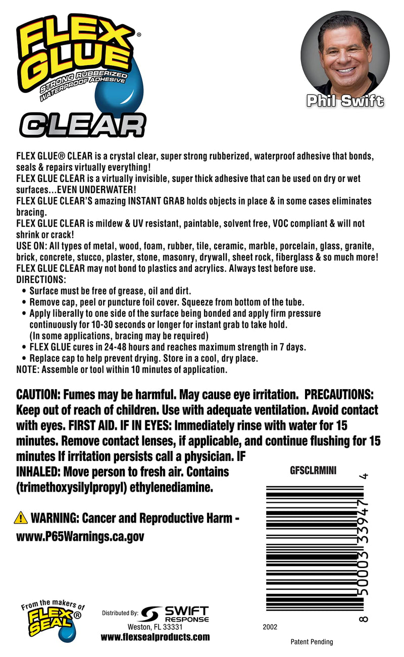Flex Glue, Mini, Clear, Super Strong, Transparent, Rubberized Waterproof Adhesive, Works Underwater, Use on Pools, Showers, Outdoors, Concrete, Brick, Pavers, Masonry, UV Resistant 0.6 Oz.