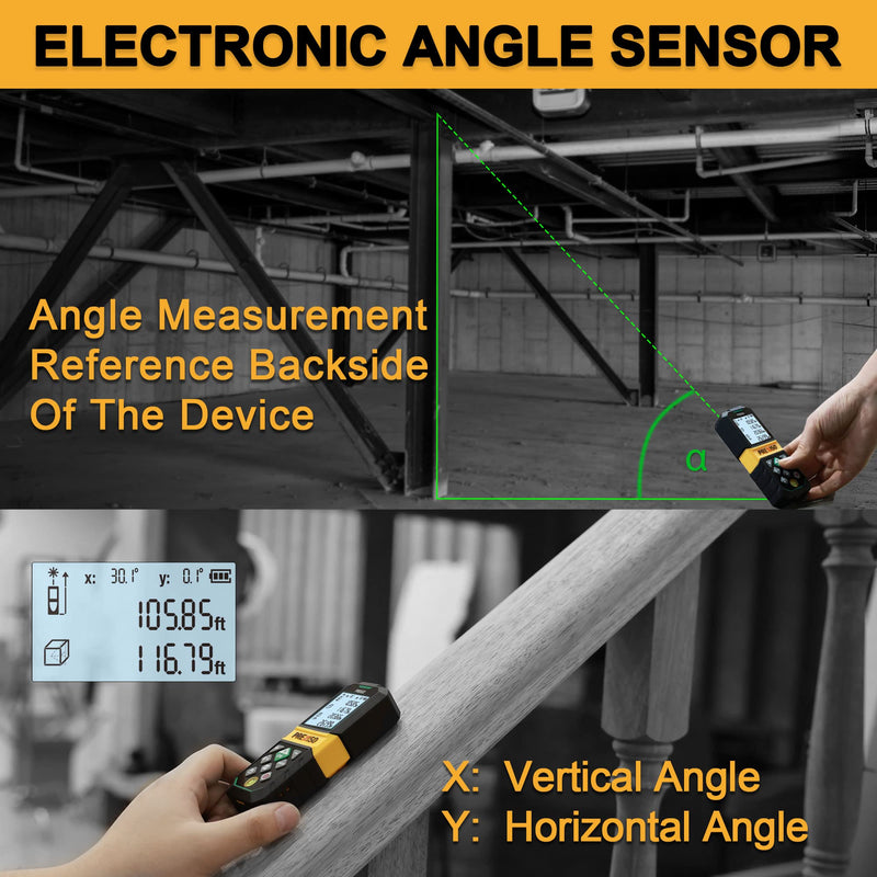 PREXISO Laser Measure Rechargeable, 265Ft Green Beam Laser Measurement Tool with Angle Sensor& 30 Sets Data Storage &1/4"-20 Threaded Hole - Ft/Ft+in/in/M Units - Pythagorean Mode, Area, Volume