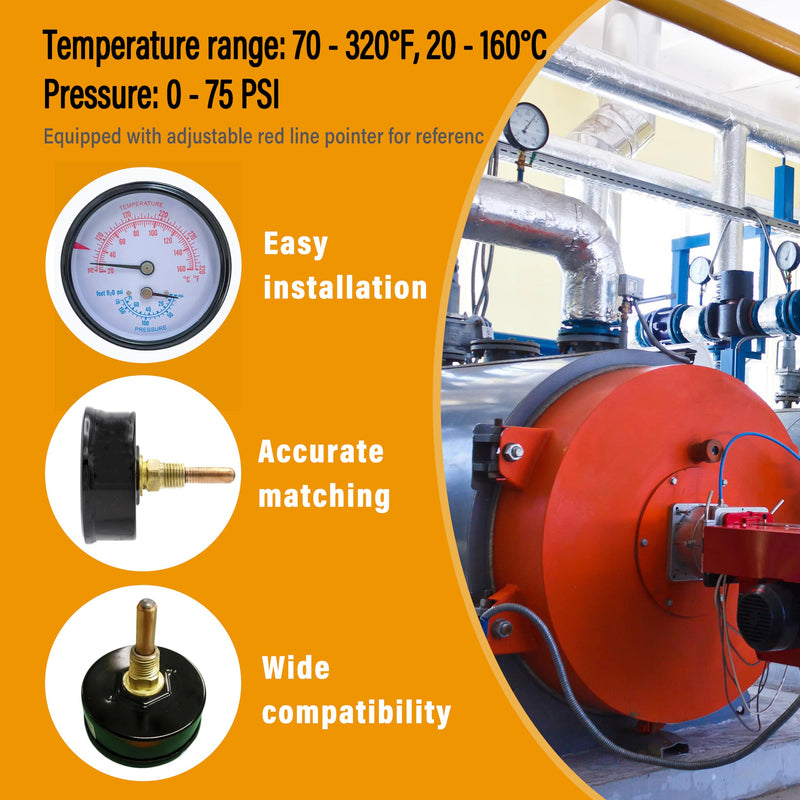Replacement Tridicator Boiler Gauge, 2-1/2-inch Dial | 1/4-inch Male NPT Connection, 1 1/2-inch Stem Length, 0/75 PSI Pressure Range, Bronze Internal Construction