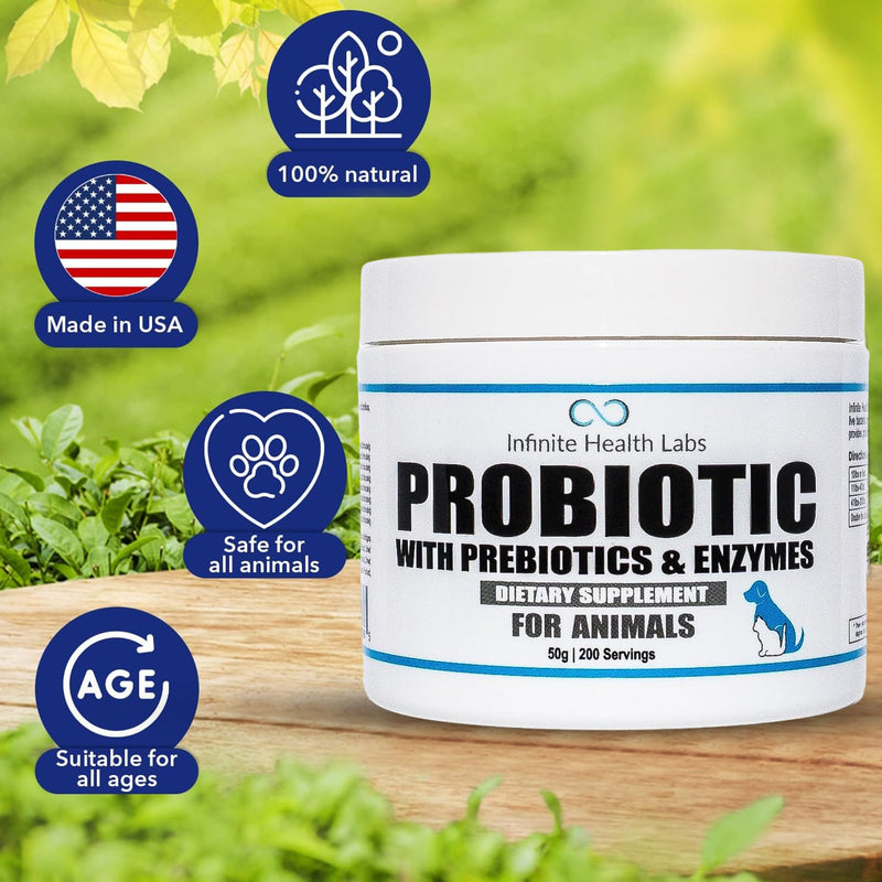 Probiotics for Dogs and Cats - Vet Formulated Made in USA Pet Prebiotic & Enzyme Powder for Digestive, Gut & Immune Health - 200 Servings (50 g) 50 g