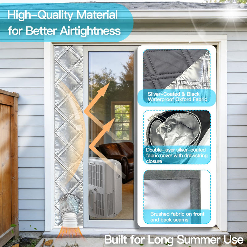 98“Sliding Door AC Vent Kit, 3-Layer Thickened Thermal Barrier for Portable Air Conditioners, Reflective Aluminum Foil Heat Shield, Foldable Height Adjustment, Reversible Design for All Seasons 3-Layer Cotton Max 98“ for sliding door