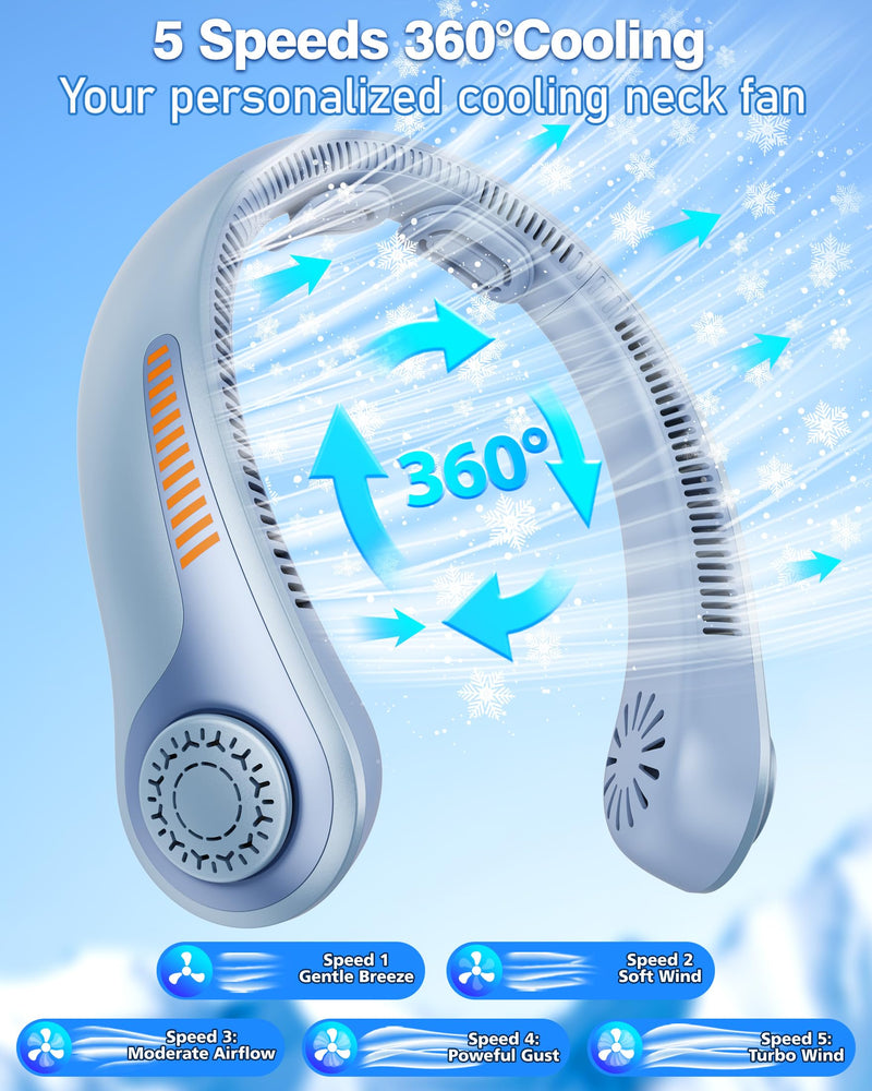 Portable Neck Fan - Rechargeable Personal Fan with Neck Support, 5-Speed Quiet Lightweight Long Lasting Neck Fan, Fathers Day, Mothers Day Gifts, Full Surround Cooling for Travel, Hot Flashes Sky Blue