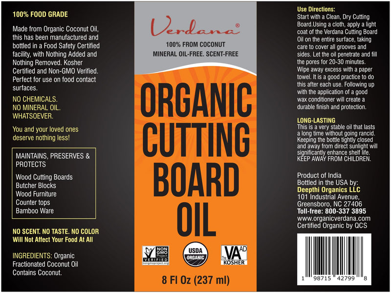 Verdana Organic Cutting Board Oil – Food Grade Kosher Non-GMO – 100% Coconut Derived & Vegan - Butcher Block Oil & Conditioner and Polish for All Wood – NO Mineral Oil Involved – 8 Fl Oz - NewNest Australia