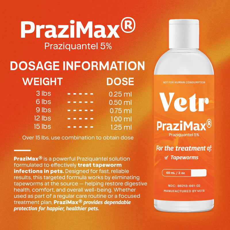 Liquid Intestinal Support for Dogs and Cats with Vetr PraziMax - Targets Tapeworms - 60mL Bottle with Dropper - Roasted Chicken Flavor