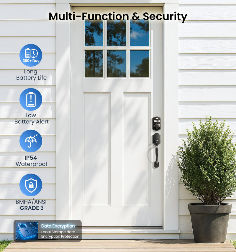 Veise KS02A Fingerprint Keyless Entry Door Lock, Auto Lock, Electronic Keypad Deadbolt for Front Door, Biometric, Anti-Peeping Password, Easy Install, Matte Black Traditional