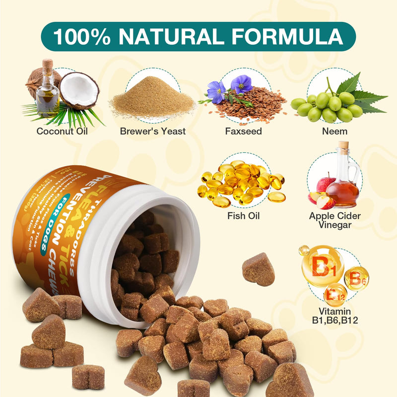Dog Flea & Tick Chewables, 180 Count - Natural Oral Treatment, Skin & Coat Supplement for All Dog Breeds & Ages