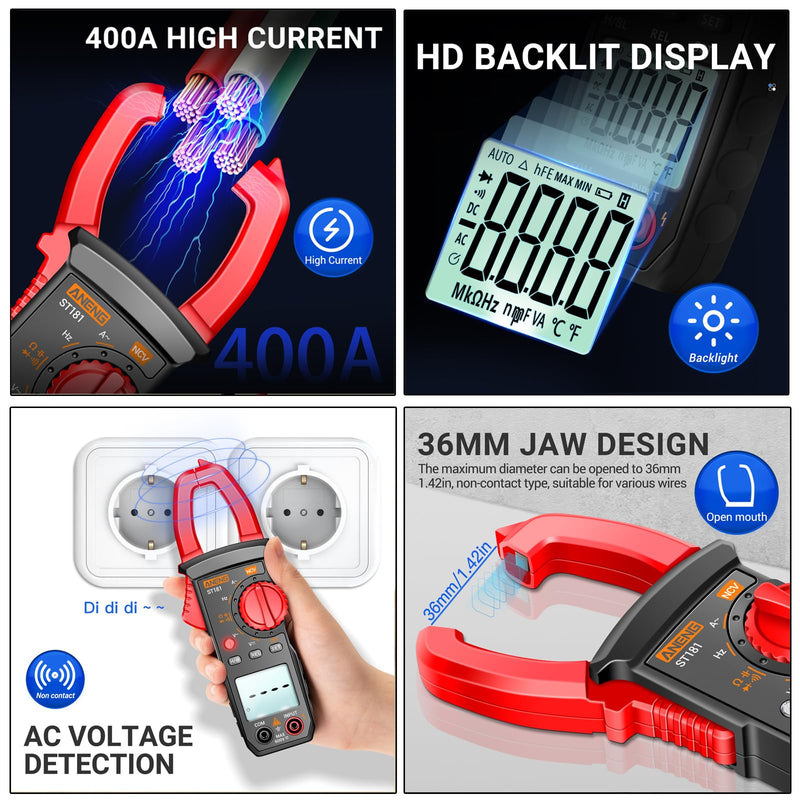 Multimeter with Clamp Meter,4000 Counts Amp Voltmeter & 2000 Counts Multi Tester,AC DC Voltage,Current,Resistance,Capacitance,NCV,Diode, Backlight LCD for Household Outlet Automotive Battery Test