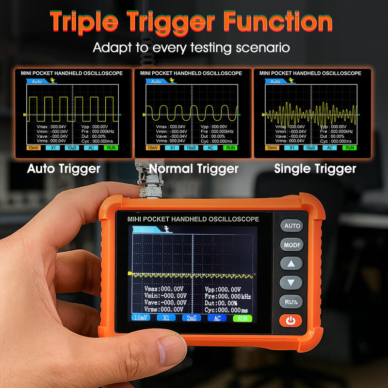 BTMETER Mini Handheld Digital Oscilloscope - 250 kHz Bandwidth, 2.5 MSa/s Sampling, 2.8" LCD, AUTO/Normal/Single Trigger, ±40 V Input (X1), Portable Pocket Scope for Electronics Repair & Education Orange