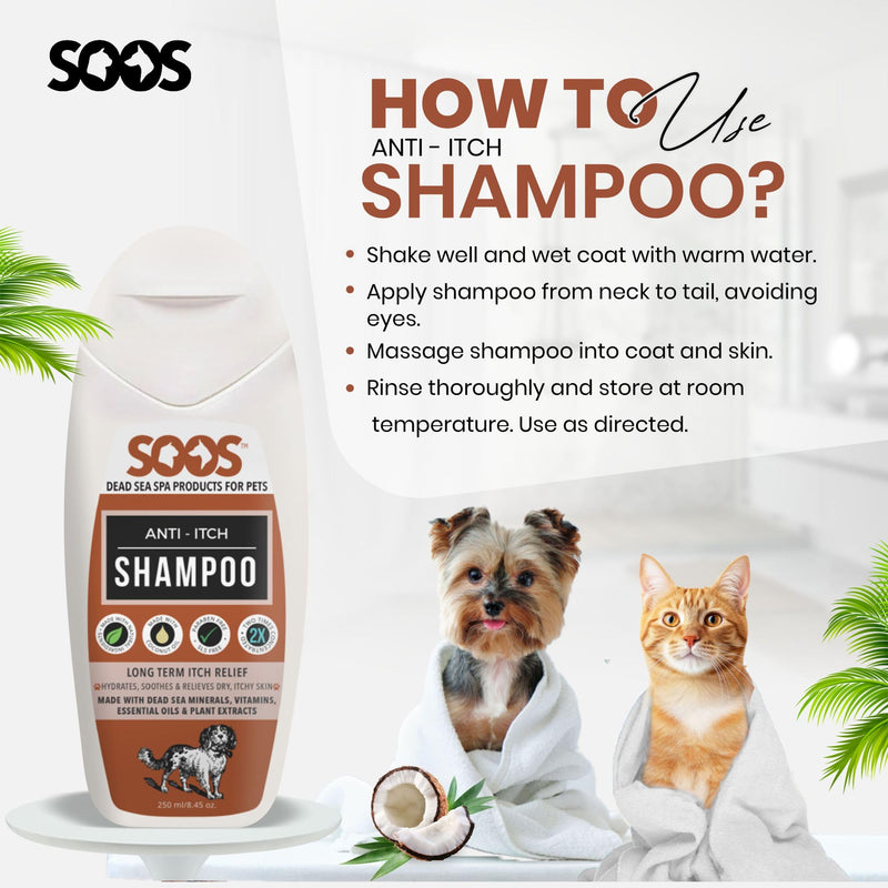 Soos Pet Shampoo Anti-Itch Cat and Dog Shampoo Dead Sea Minerals Fast Absorbing Soothes Itching Clean Fur with Vitamins Essential Oils Natural Ingredients - 1x Bottle (250ml) - PawsPlanet Australia