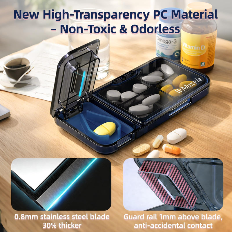 Pill Cutter with 4-Compartment Pill Organizer, 2-in-1 Portable Moisture-Proof BPA-Free Pill Box, V-Slot for All Pills, Thickened Steel Blade & Safety Guard (Gray) Gray