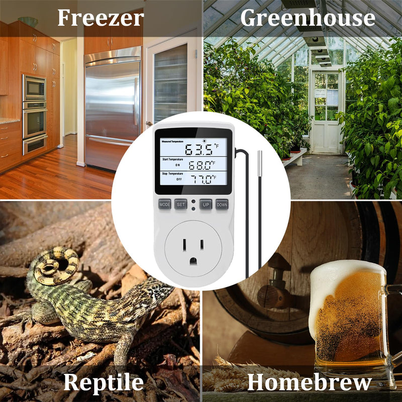 KETOTEK Digital Temperature Controller Thermostat Outlet Plug 120V with LCD Backlight, Heating Cooling Temperature Controlled Outlet 110V 15A with 3m Sensor Backlit Style