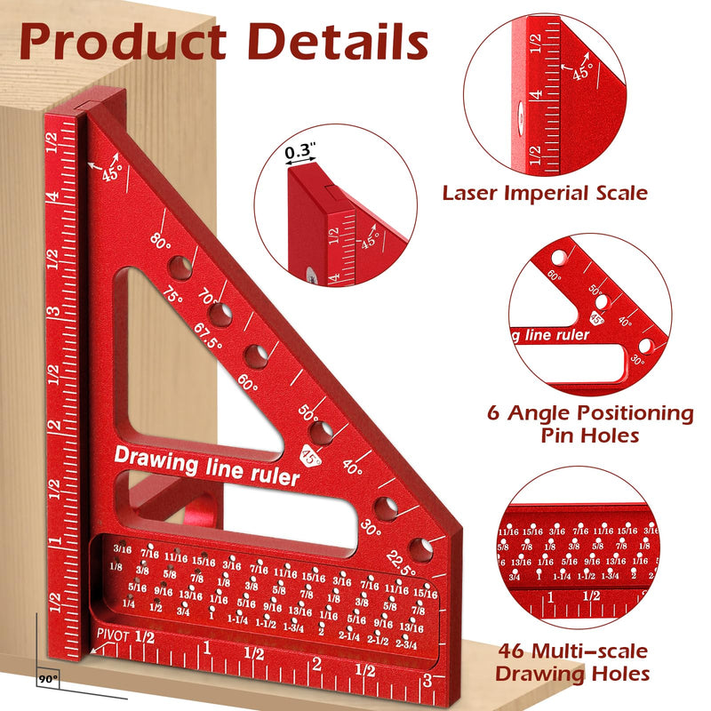 3D Multi-Angle Measuring Ruler -Precision Woodworking 3D Square Protractor 22.5-90 Degree and Miter Triangle Ruler - Aluminum Alloy Drawing Line Ruler for Engineer Carpenter and Craftsmen Red…