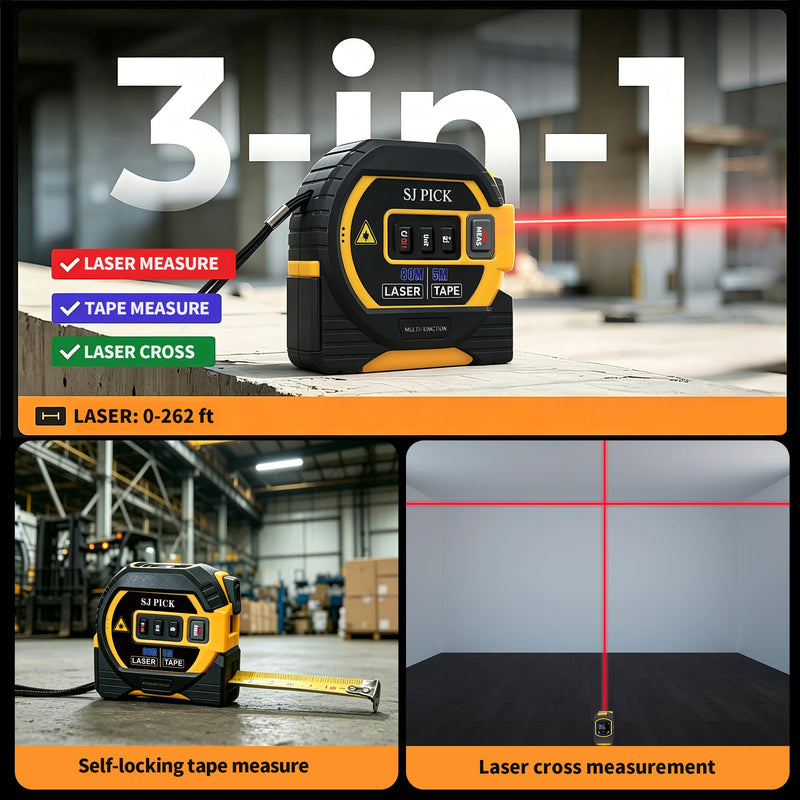 Voice Intelligent Tools Tape Measure 3-in-1 Laser Digital Measuring Tape Ruler-LCD Backlight 5M/16Ft Tape & Laser 80m/262Ft Rangefinder,Crosshairs Markings,Data Storage (Yellow, 80m/262ft) Yellow