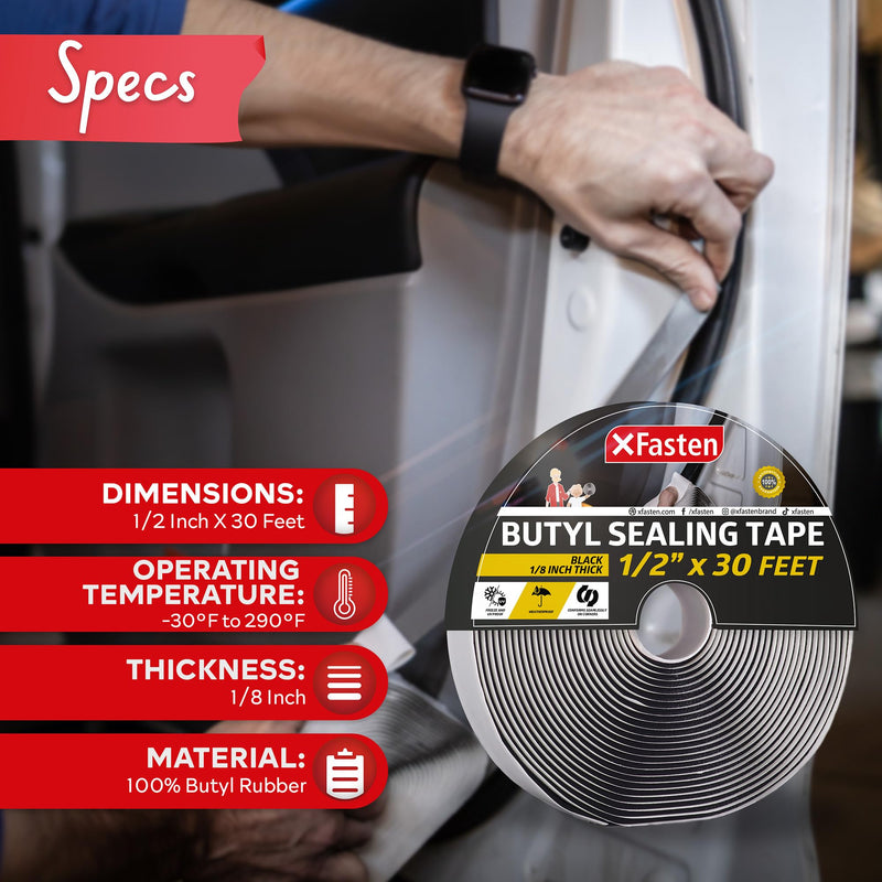 XFasten Butyl Tape Black 1/2” x 30’ x 1/8" Butyl Sealant Tape Headlight Sealant Putty Tape | Black Butyl Caulking Tape | Butyl Tape RV Putty Tape EPDM Automotive Butyl Rubber Window Sealant for RV 1/2” x 1/8” x 30', Single Pack