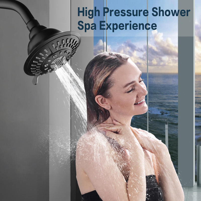 BRIGHT SHOWERS High Pressure Rain Shower Head, Fixed Shower Head with 5 Spray Settings, Adjustable Angle and Anti-Clog Nozzles, Matte Black (1.8 GPM) 5 Spray Settings