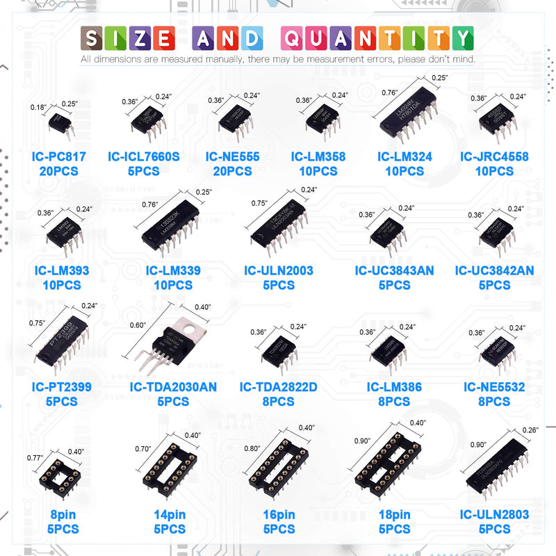 Glarks 169Pcs IC Chip Assortment opamp, oscillator, pwm, PC817, NE555, LM358, LM324, JRC4558, LM393, LM339, NE5532, LM386, TDA2030, TDA2822, PT2399, UC3842, UC3843, ULN2003, ULN2803