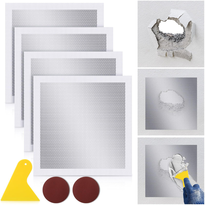 4 Pcs 12x12 Inch Drywall Repair Kit Self Adhesive Mesh Drywall Repair Patch Set with Sanding Pads and Scraper Heavy Duty Metal Aluminum Dry Hole Patch Tools for Large Hole Wall Ceiling Tool 12 x12" 4
