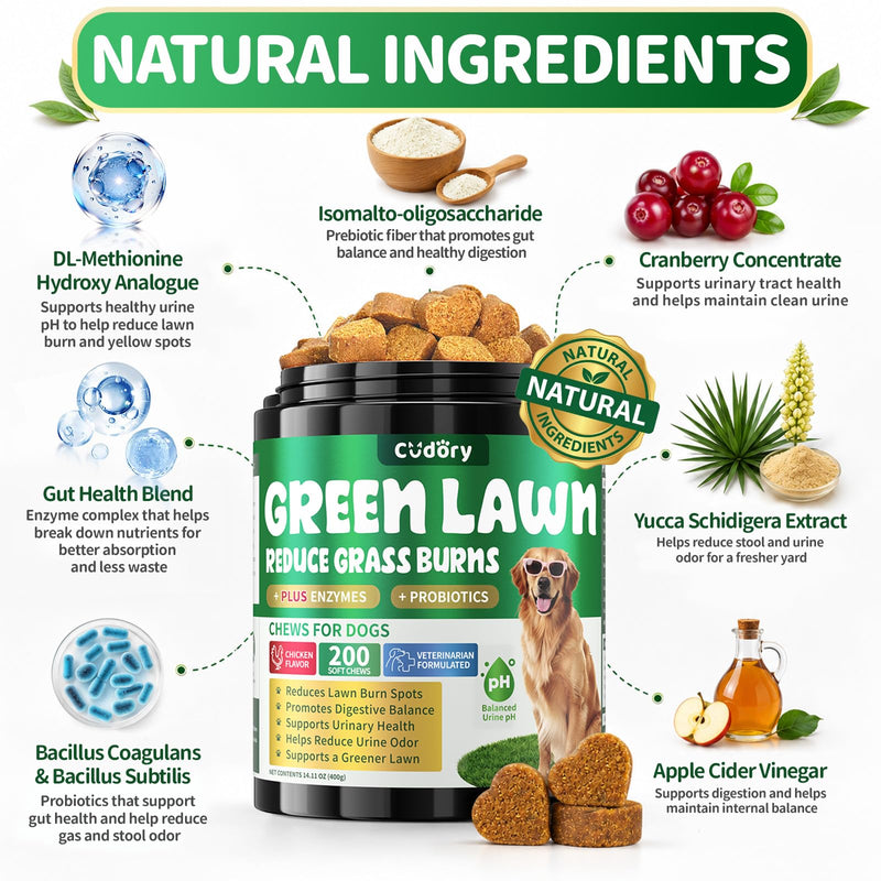 Dog Urine Neutralizer for Lawn - Green Grass Chews for Dogs, 200 Chew Female Pee Grass Burn Spot by Dog Urine, Gut Health Probiotics & Enzymes, Helps Yard Stay Green, with Cranberry for Urinary Tract