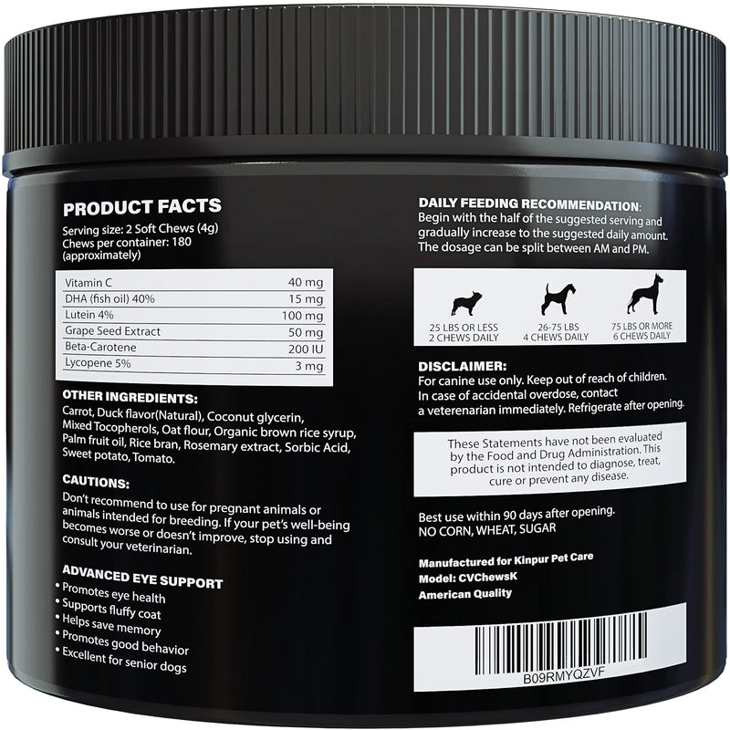 Vision Treats for Dogs - Dog Vision Supplement for Eye Health, Tear Stains, Immune Support - Vitamin С, Zinс, Carrot, Fish Oil, Lutein - 180 Soft Chews with Duck Flavor - for All Breeds and Ages - PawsPlanet Australia