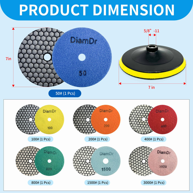 Dry Diamond Polishing Pads,7 Inch Polishing Pads Set of 8 Pieces Plus with 5/8”-11 Backer Backing Plate for Granite Concrete Marble Quartz Stone Countertop Polishing 7 INCH