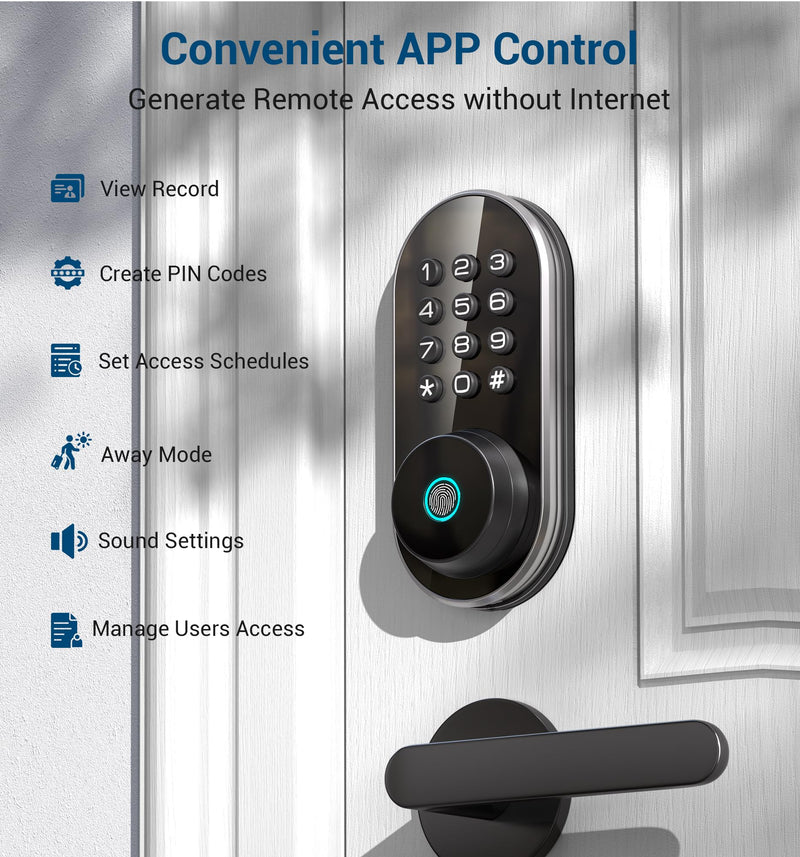 TEEHO TE342 Fingerprint Smart Keyless Entry Door Lock with Keypad, Bluetooth App Remote Control - Electronic Deadbolt for Front Door - Auto Lock - Silver