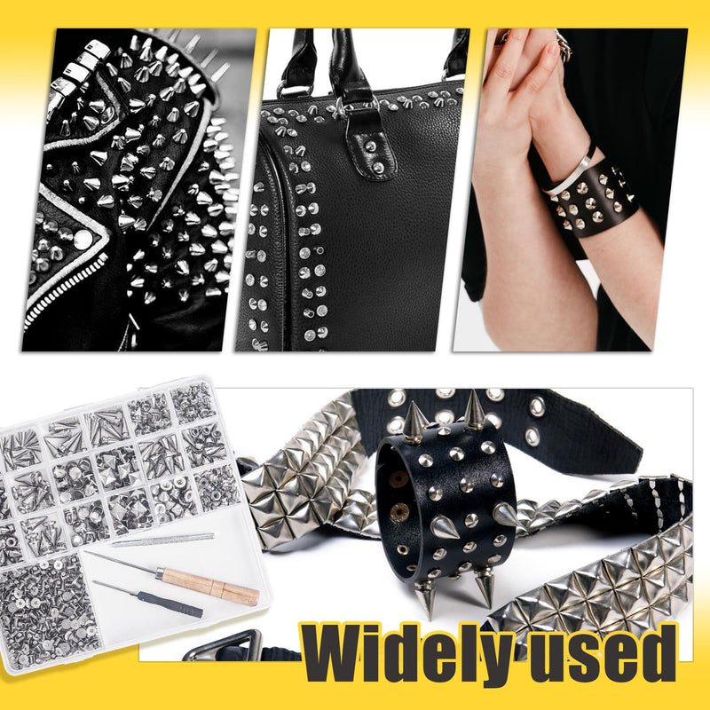 SBYURE 550 Pieces Punk Studs and Spikes Kit,8 Size Punk Spikes and Square/Round Pyramid Studs for Clothes, Spikes for Crafts Punk Style, Included 3 Pack Tools
