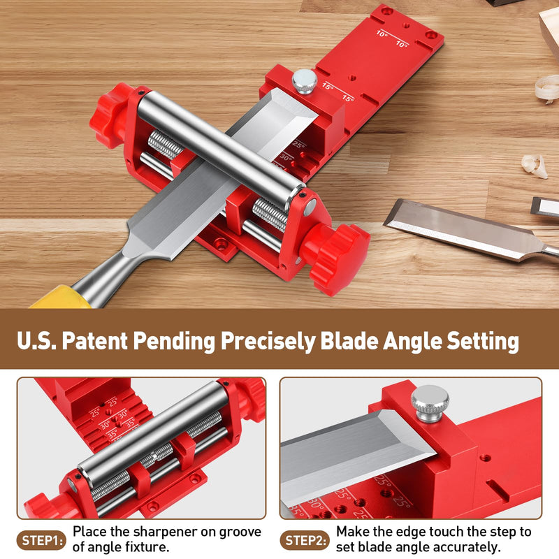 Chisel Sharpening Jig, Wood Honing Guide for Chisels and Planes Width 0.1" to 2.8" with Sharpening Angle Fixture, Angle Gauge from 10° to 45° Red