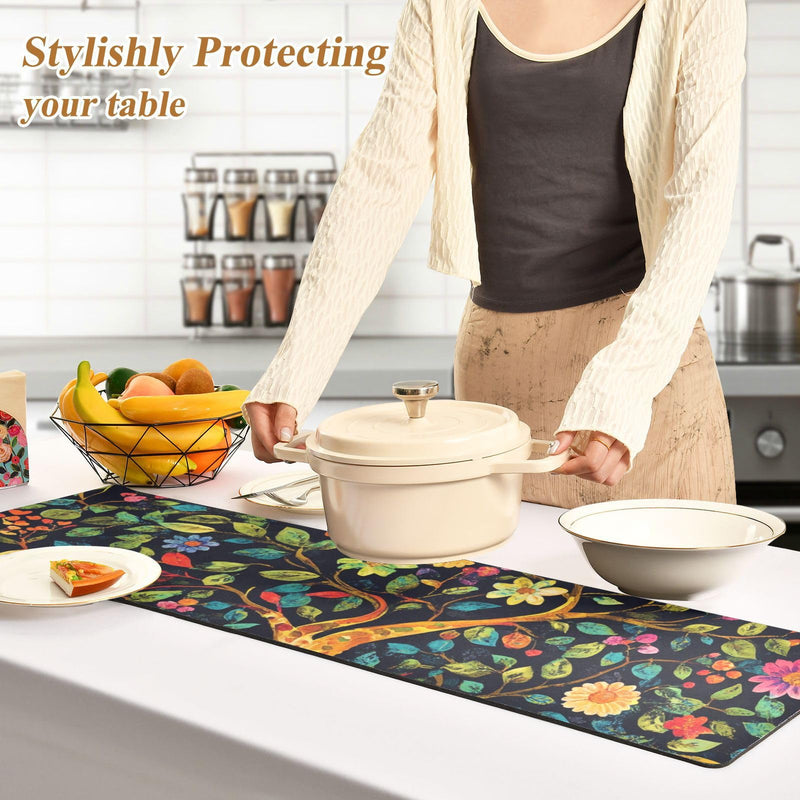2 in 1 Heat Resistant Table Runner Trivet for Hot Pots and Pans 39 x 12 Inch Long Hot Pad Decorative Table Protector for Kitchen Countertop Tree of Life Floral Leaves Tree of Life Floral Leaves Black