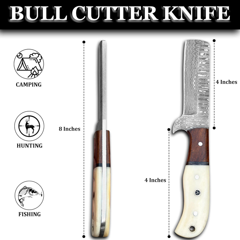 Cowboy Knives with Leather Sheath - 8” Sharp Handmade Damascus Bull Cutter Knife - EDC Fixed Blade Hunting Knife for Skinning, Camping, Bushcrafting and Outdoor Activities