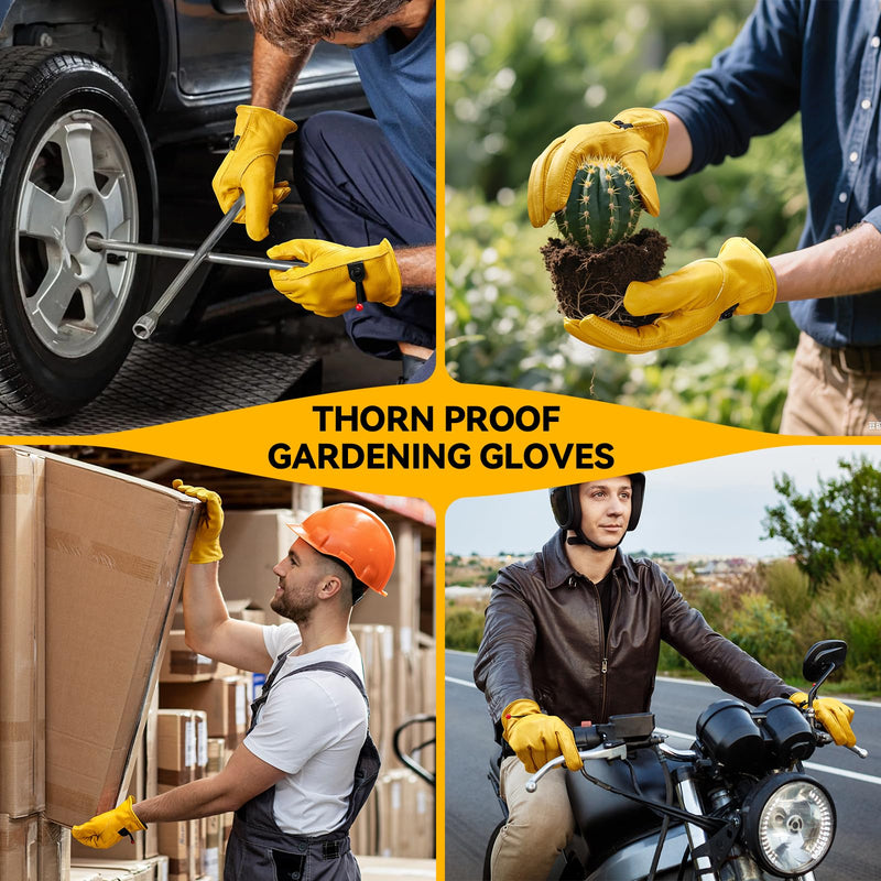 OZERO Leather Work Gloves for Men, 3 Pairs Full Grain Cowhide Garden Gloves, ANSI/ISEA 105 Tested, Puncture Level 4, Abrasion Level 3, Adjustable Wrist for Yard Work & Gardening (Gold Medium) Medium (3 Pair)