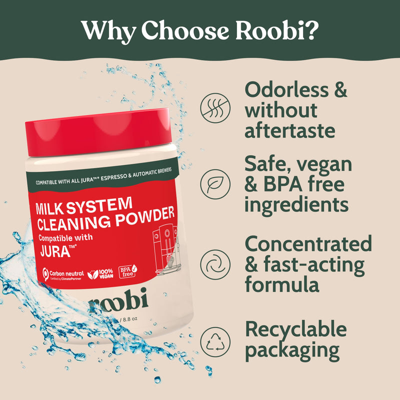 Roobi Compatible Milk System Cleaning Powder for Jura. Specially formulated for Jura Automatic Espresso Coffee Machines. 100% Vegan, Carbon Neutral. Milk Cleaning Powder