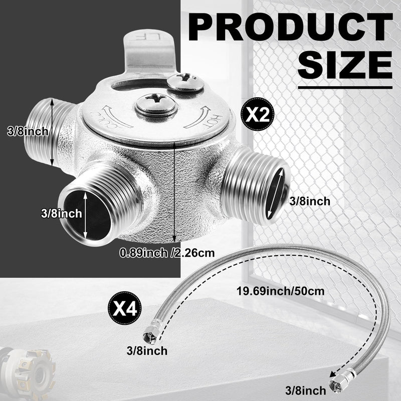 Yaocom 2 Pcs 3/8" Hot and Cold Water Mixing Valve with Braided Faucet Hoses 3/8 Inch