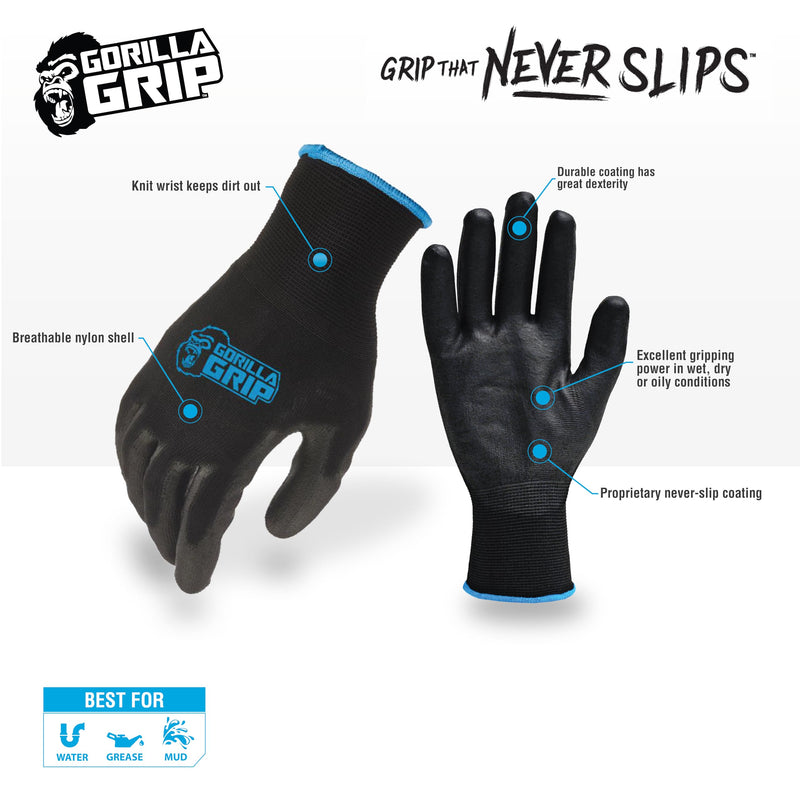 Gorilla Grip Work Gloves, Never Slip Maximum Grip All-Purpose, Gloves for Men, Superior in Wet, Dry, Oily Conditions, Polymer Palm, Medium Size, 25 Pairs, Black/Blue | 25047-25 Large