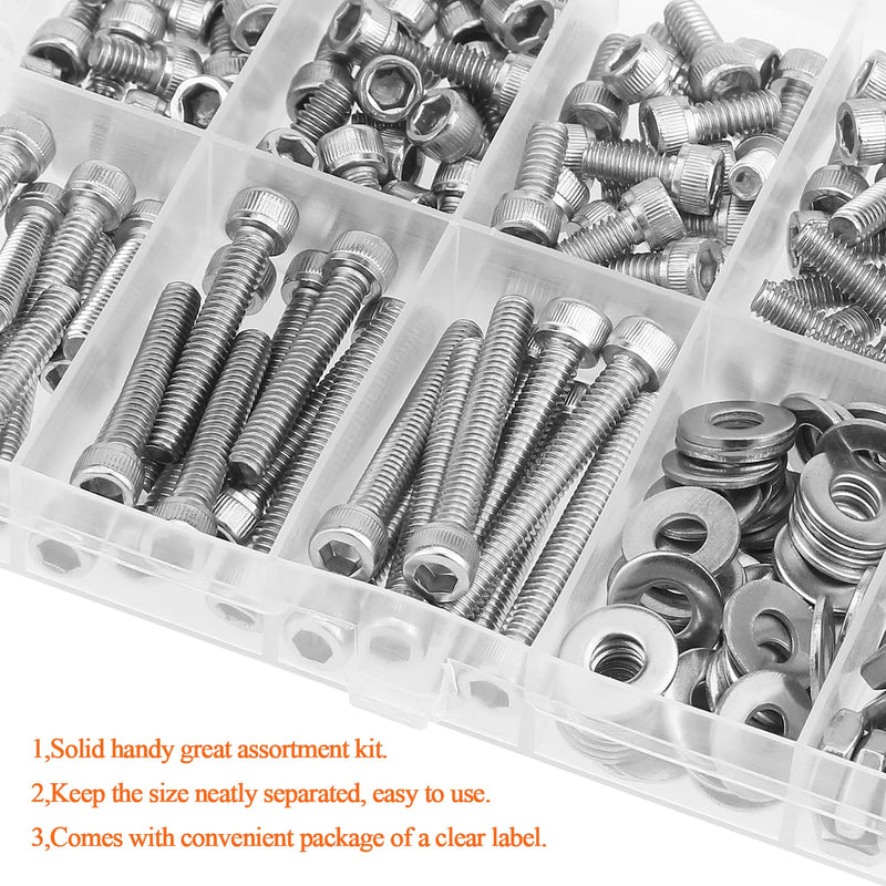 200 Pieces #8-32 x 1/4" 5/16" 3/8" 1/2" 5/8" 3/4" 1" 1-1/4", Hex Socket Head Cap Screws Bolts Washers Nuts Kit, Coarse Thread, Fully Machine Threaded, 304 Stainless Steel