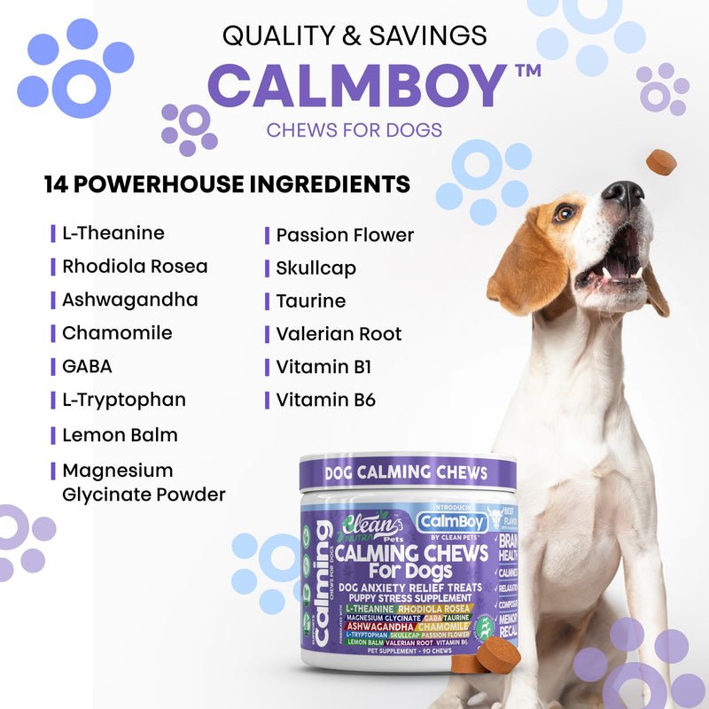 Clean Nutra Calming Chews for Dogs, Dog Anxiety Relief Supplement, L Theanine Ashwagandha Rhodiola GABA Magnesium Valerian Natural Ingredients, 90 Chews, Beef Flavor
