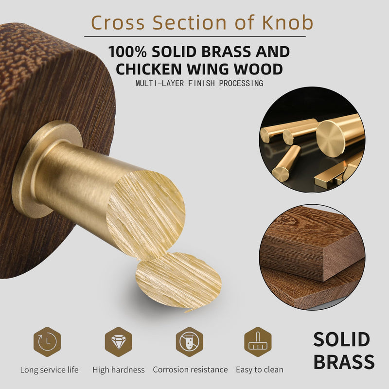 SALISENG- Wooden Brass Cabinet Drawer Knobs 5 Pack, 1.1 Inch Dresser Drawer Vanity Pulls, Modern Furniture Door Hardware Pulls for Cupboard Closet Wardrobe