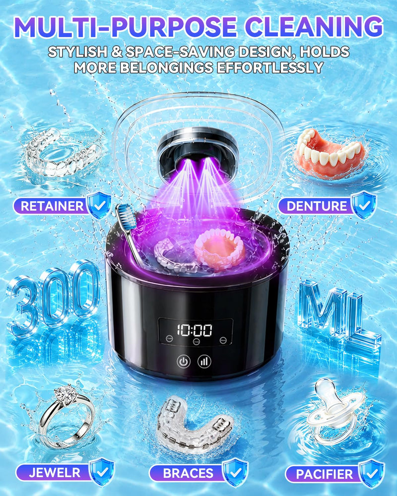 5.0 Upgraded Ultrasonic Retainer Cleaner 300 ML【Top1 German Motor】【50KHz Ultrasonic & 360°U/V Dual Tech】【4.0 AI Smart Chip】【Rechargeable】for Denture, Braces, Night Guards, Aligner,Jewelry and More Black