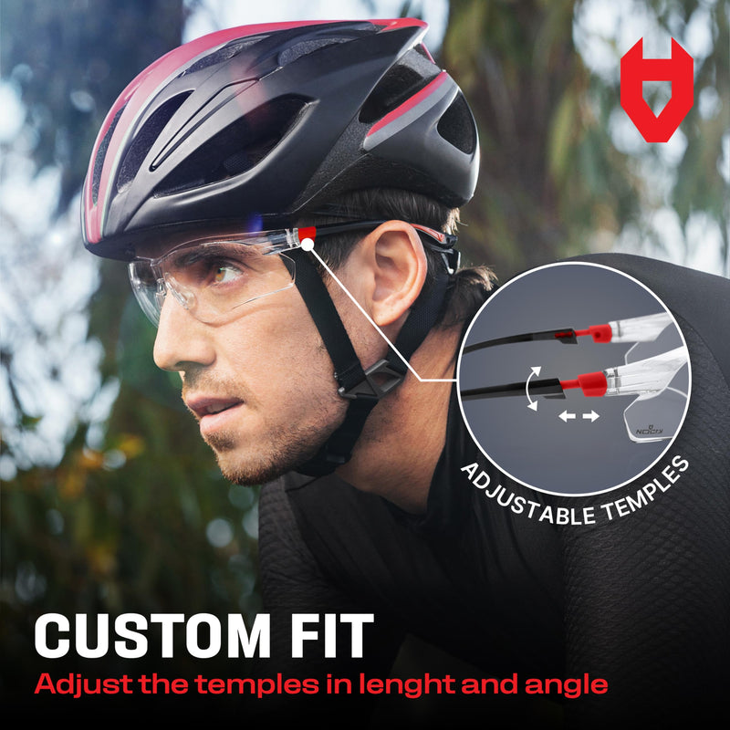 NoCry Clear Safety Glasses for Men and Women with Anti-Fog and Scratch Resistant Wrap Around Lenses, Adjustable Temples and Nose Pads — ANSI Z87 Certified Protective Eyewear with 100% UV Shielding Black & Red 1