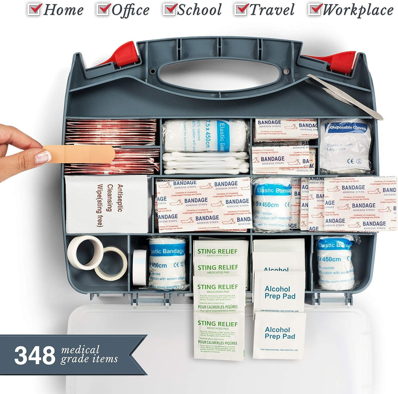 Swiss Safe 2-in-1 First Aid Kit for Car, Travel & Home, Businesses - Bonus Mini Kit for Medical Emergency Aid, Survival, Camping - FSA & HSA Eligible - 348 Pcs, Large Hardcase FAK