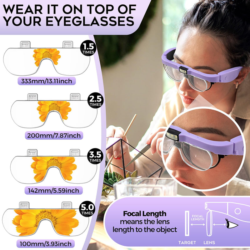 Magnifying Glass with Light, Rechargeable Magnifying Glasses 1.5X-5X Lenses, Magnify Glasses for Close Work with Carry Case, Magnifier Headset Headband Magnifier for Craft Hobby Cross Stitch Purple