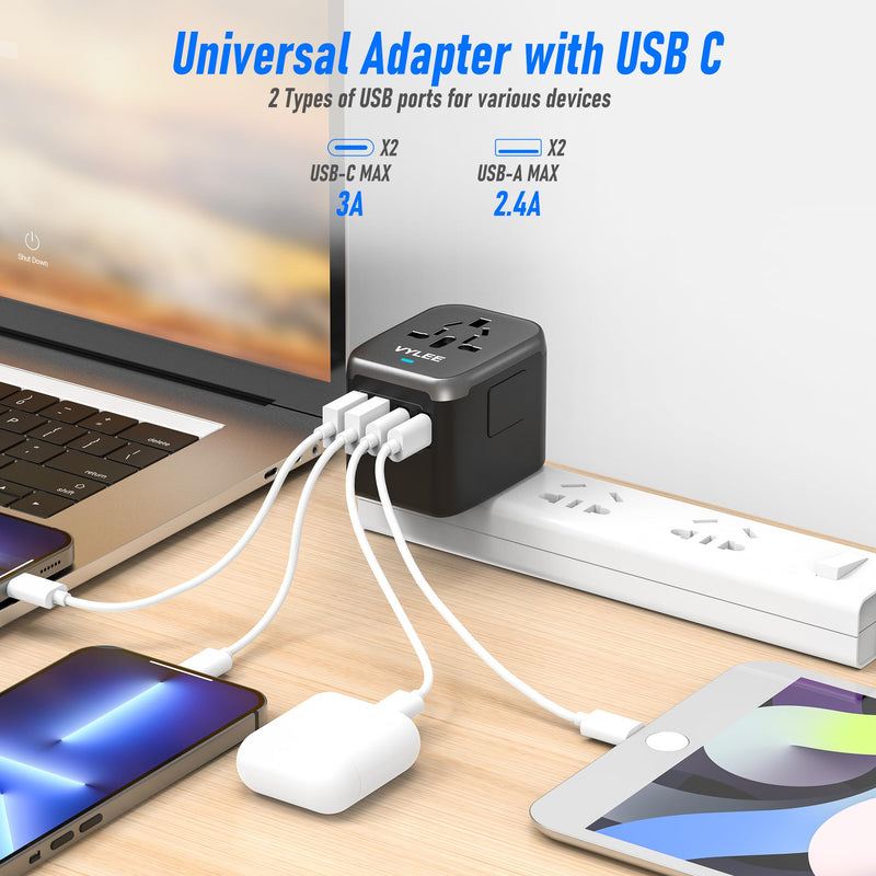 Universal International Power Travel Plug Adapter, 5 in 1 European Travel Plug Adapter W/ 3.5A 2xUSB-A and 2xUSB C Wall Charger and Worldwide AC Outlet for Europe USA UK AUS Asia (Black Grey) Regular Black Grey