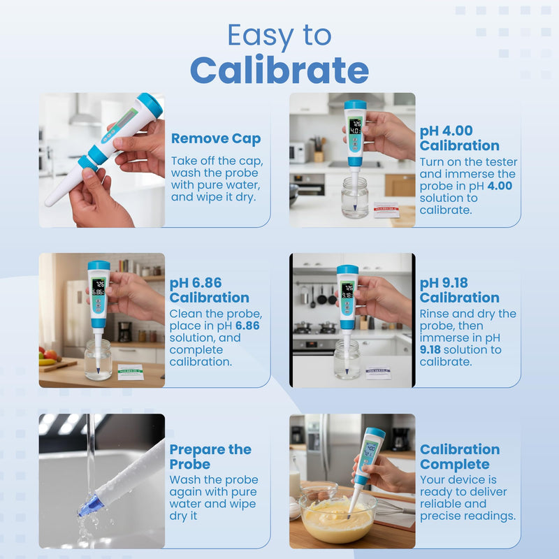 Digital pH Meter for Food - Professional pH Tester with Spear Probe for Sourdough, Fermentation, Hot Sauce, Canning, Cheese, Salami, Kimchi, Kombucha - Water-Resistant Kit with pH Calibration Powders Blue