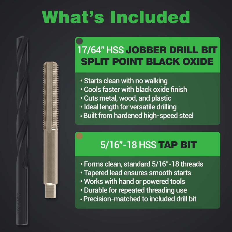 Hovr Solutions Shelf Installation Bit Pack, 17/64in Drill Bit, 5/16in Tap | HSS Steel Drill & Tap Bit Set, No Visible Hardware Mounting, Used For Hidden Bracket Floating Shelf Systems, 2-Piece Pack Set