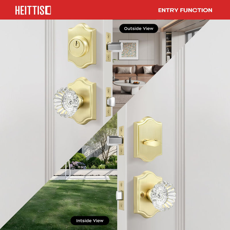 1 Pack Brass Combo Sets, Modern Gold Crystal Door Knobs Interior with Single Cylinder Deadbolt,Satin Brass Finished Deadbolt Set-1pack Satin Brass