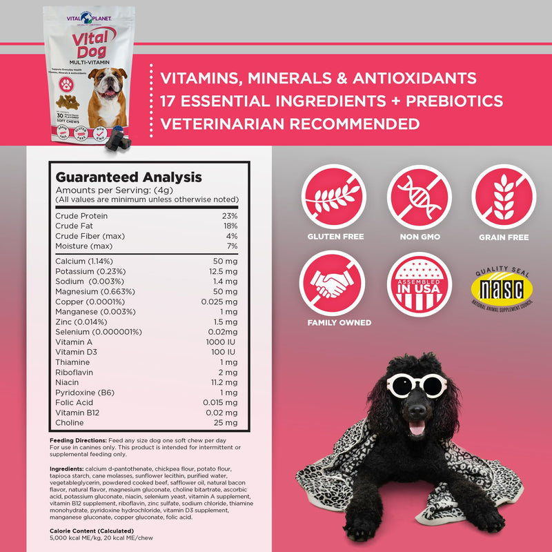 Vital Planet - Vital Dog Multivitamin for Everyday Health with Vitamins, Minerals and Antioxidants - 30 Bacon Flavored Soft Chews - PawsPlanet Australia