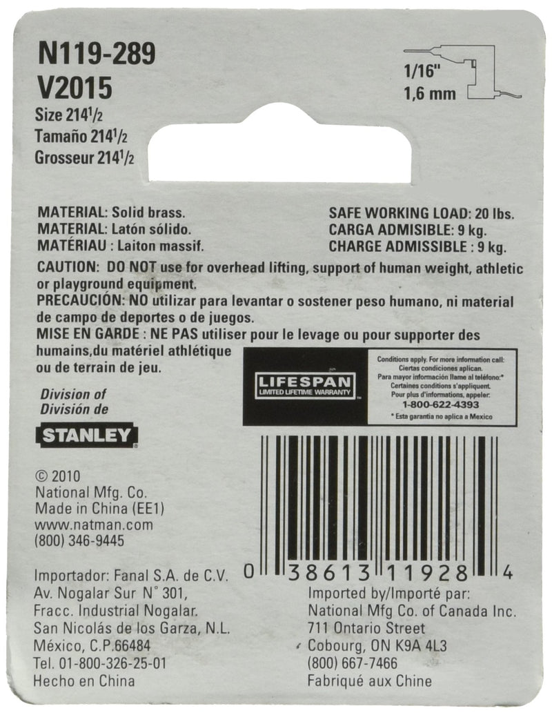 National Hardware N119-289 V2015 Screw Eyes - Solid Brass in Solid Brass, 4 pack #10, 1-3/8"