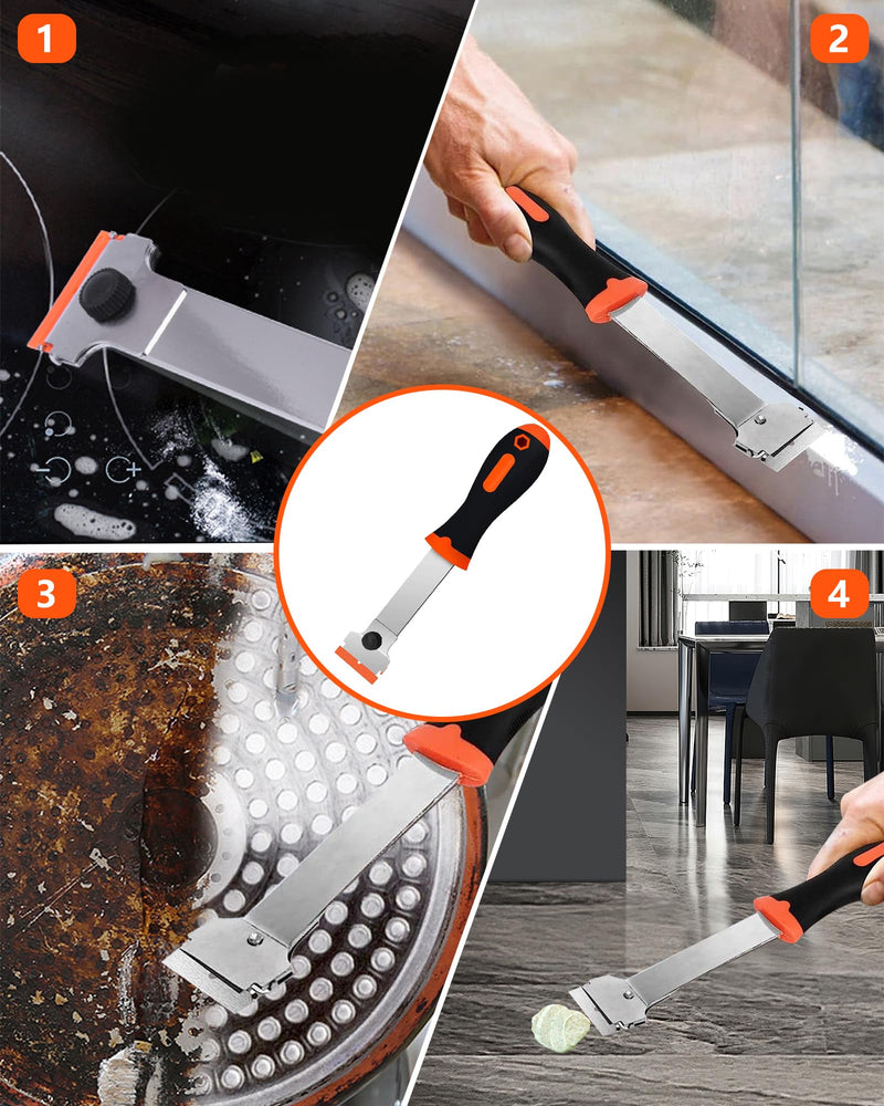 Razor Blade Scraper,Long Handle Razor Scraper Tool for Removing Label, Registration Sticker, Tint, Grease from Windshield, Appliance, Glass (Extra 10 Metal and 10 Plastic Blades) Orange