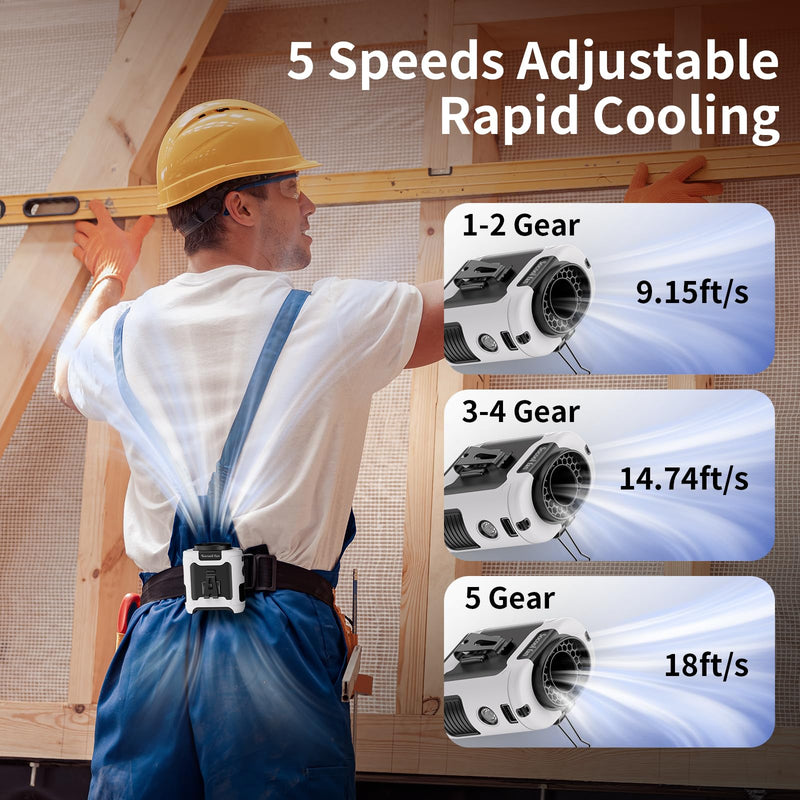Socool 10000mAh Portable Waist Fan Clip On Personal Fans Rechargeable, 67H Cooling Wearable Belt Shirt Fan with 5 Speed Wind Adjustable & LED Light, Hanging Neck Fan for Outdoor Jobsite Camping White