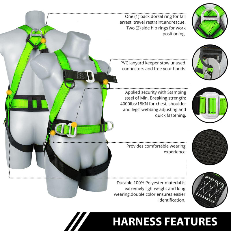Safety Harness Fall Protection Kit - Full Body Roofing harnesses with Shock Absorbing Lanyard Updated Waist Paded Green