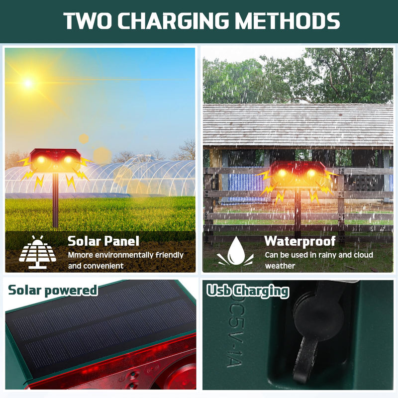 Qualirey 2 Pcs Solar Outdoor Motion Sensor Alarm with Stake Animal Deterrent Dog Barking Sensor 13 Sound 130db Loud Noise Maker 4 Mode with USB Remote Control Support Recording Volume Adjustment